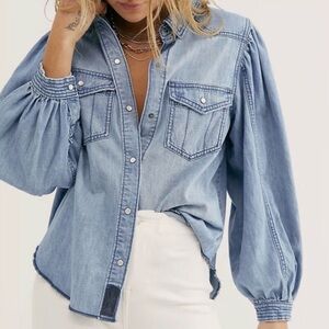 We The Free Light Blue Denim Button-Down Shirt